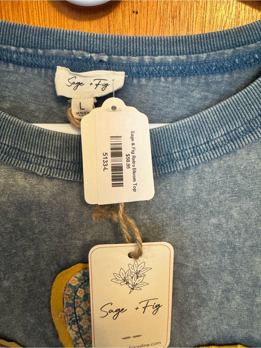 Sage & Fig Blue Short Sleeve Tee with Yellow Floral Appliqué - Picture 2 of 6